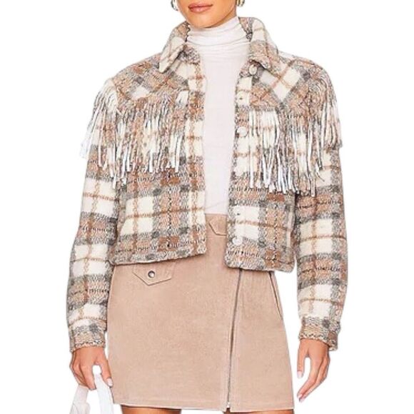 BLANK NYC Jacket WMNS L Beige Wool Blend Plaid Take Note Fringe Cropped Western - Picture 11 of 16